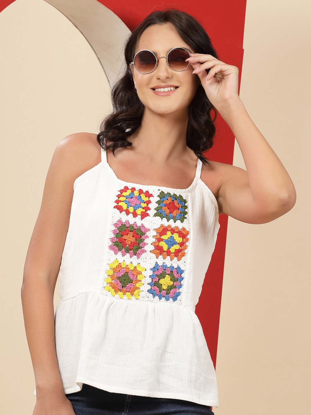 Velvery Floral Print Cotton Sphagetthi Hand Knitted Summer Crochet A-Line Top