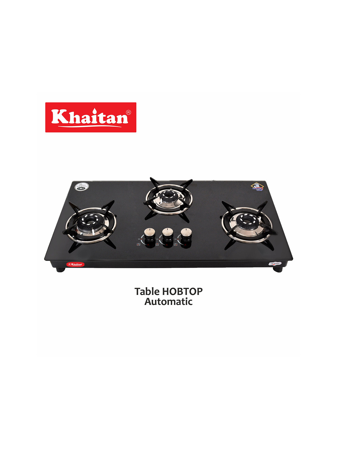 Khaitan Black Toughened Glass Top 3 Burner Automatic Gas Stove