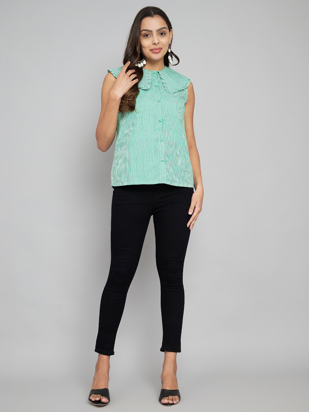 Amagyaa Vertical Stripes Peter Pan Collar Sleeveless Cotton Shirt Style Top