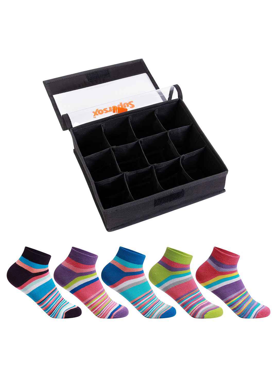 Supersox Women Pack Of 5 Patterned Ankle Length Cotton Socks With Organizer