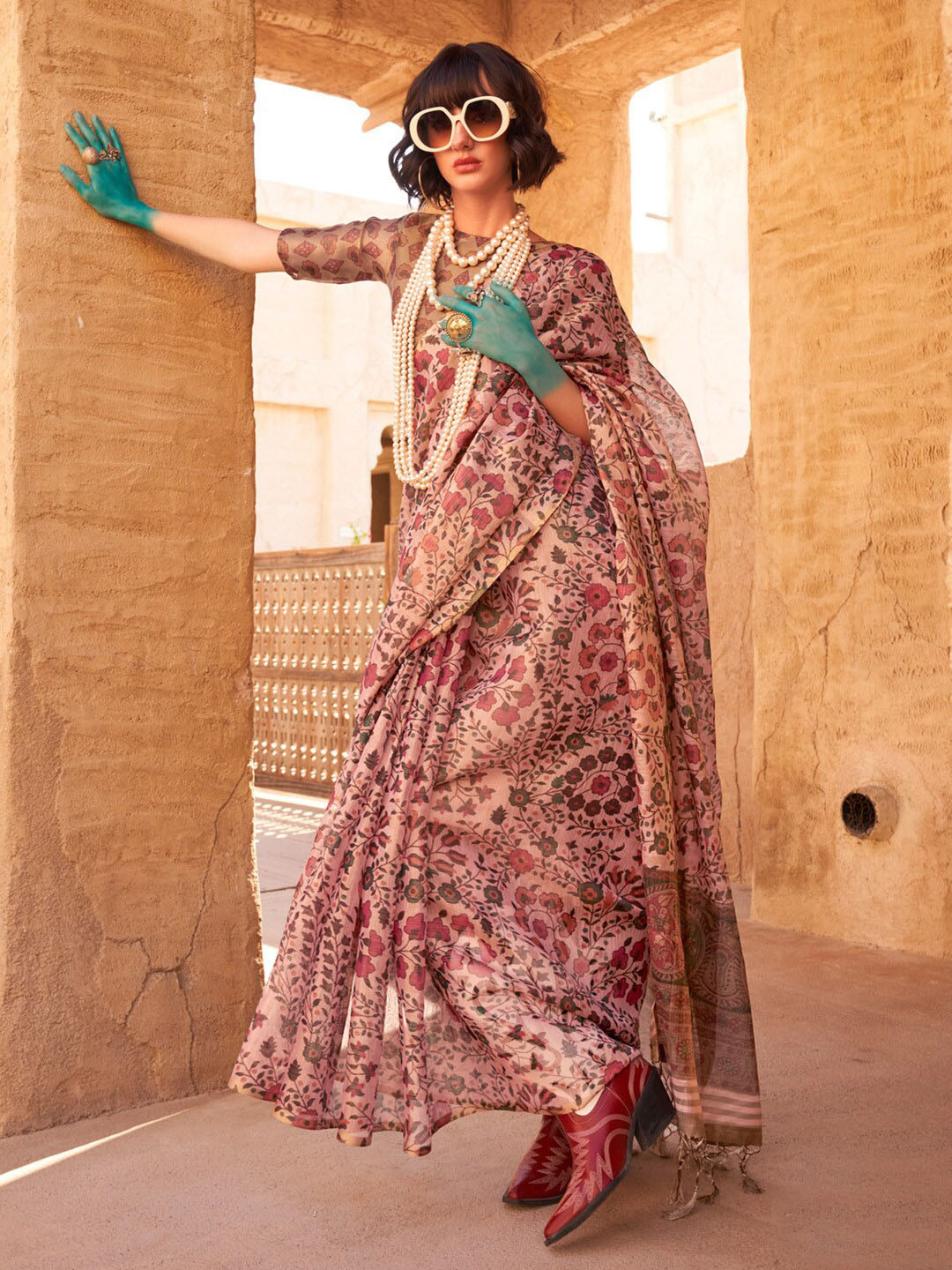 Anouk Floral Tissue Bagru Saree