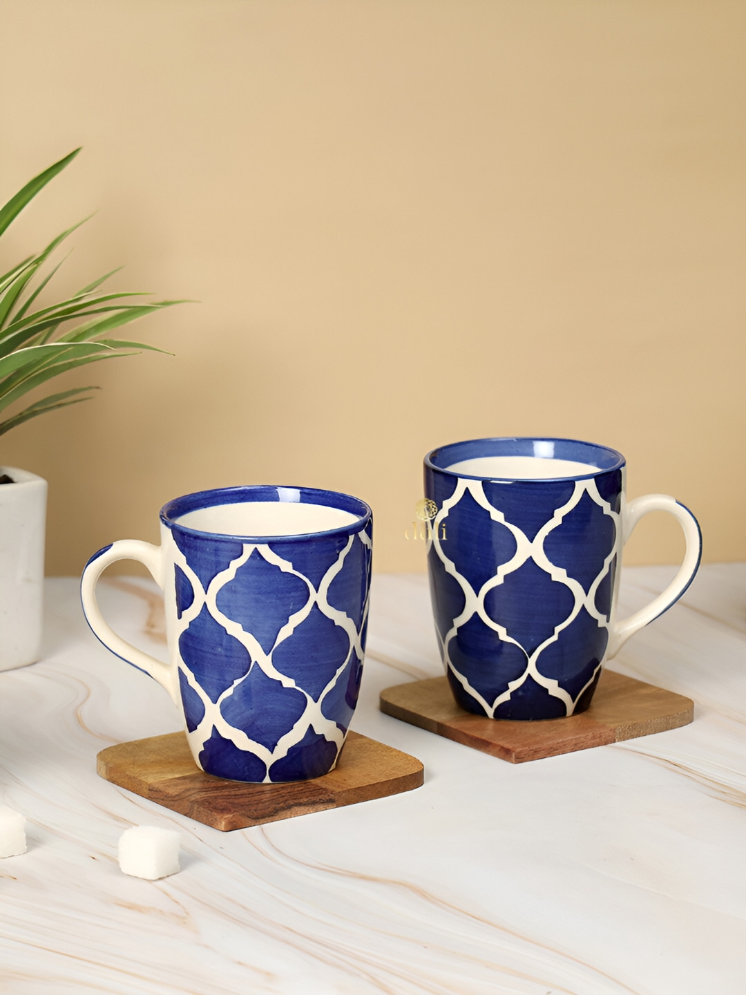 DULI Senorita Blue Ethnic Motifs Ceramic Hand-Painted 2 Piece Mugs-250ml