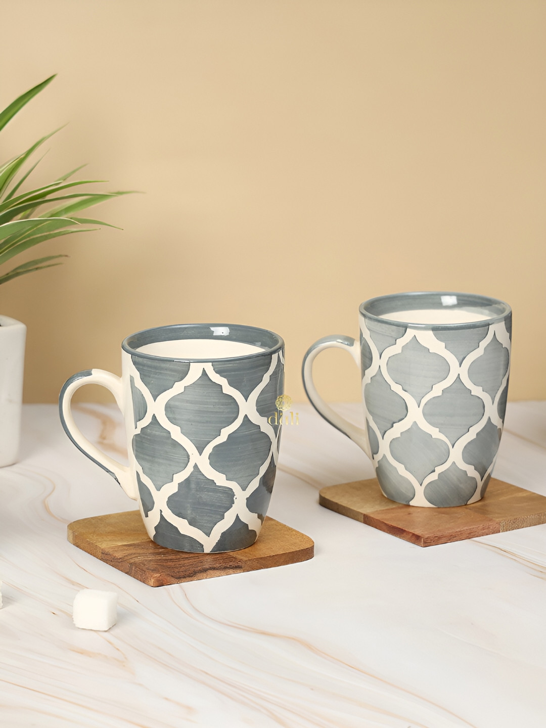 DULI Best CA Grey Ethnic Motifs Ceramic Hand-Painted 2 Piece Mugs-250ml