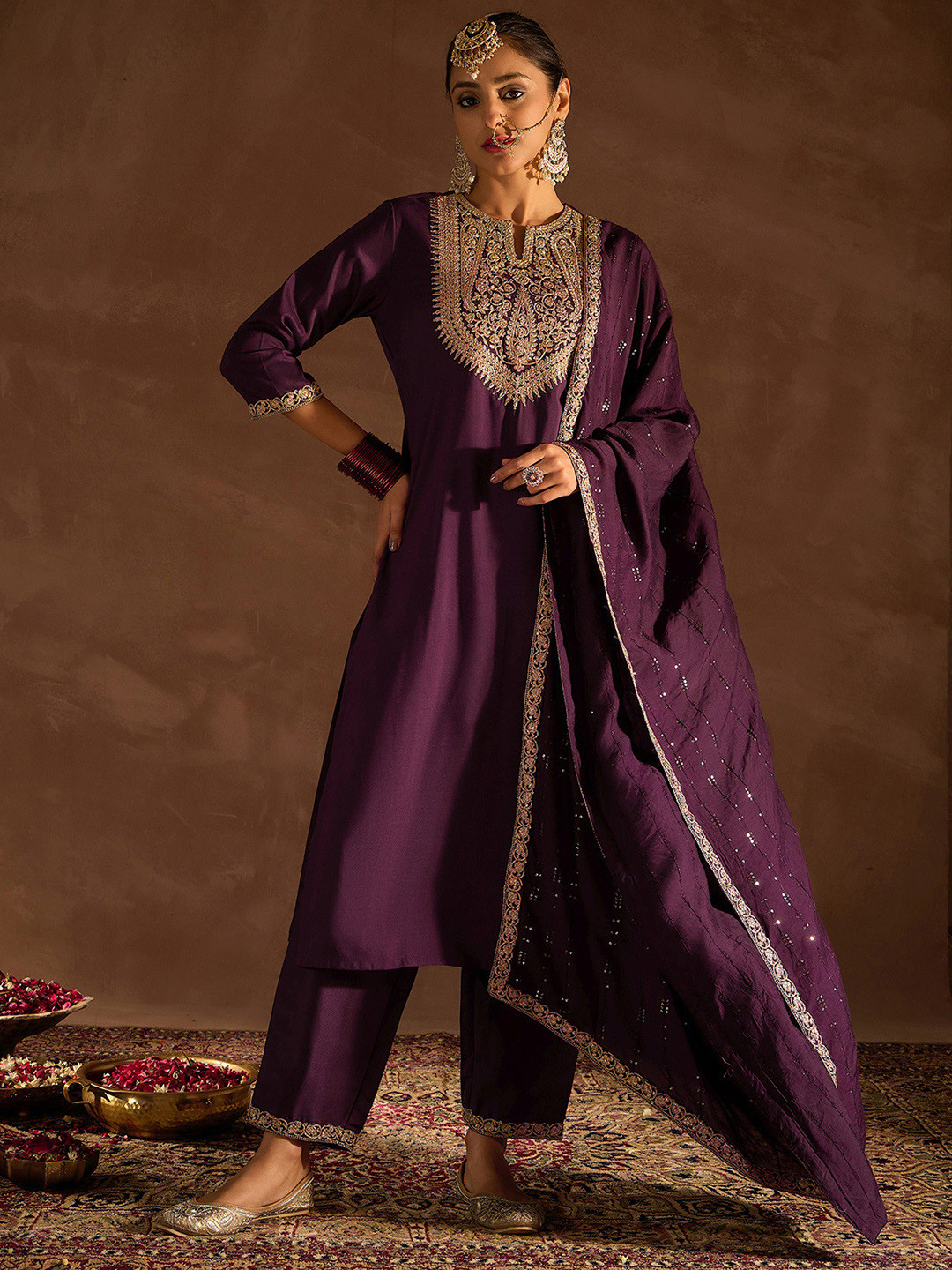 Indo Era Burgundy Ethnic Motifs Zari Embroidered Kurta with Trousers & Dupatta