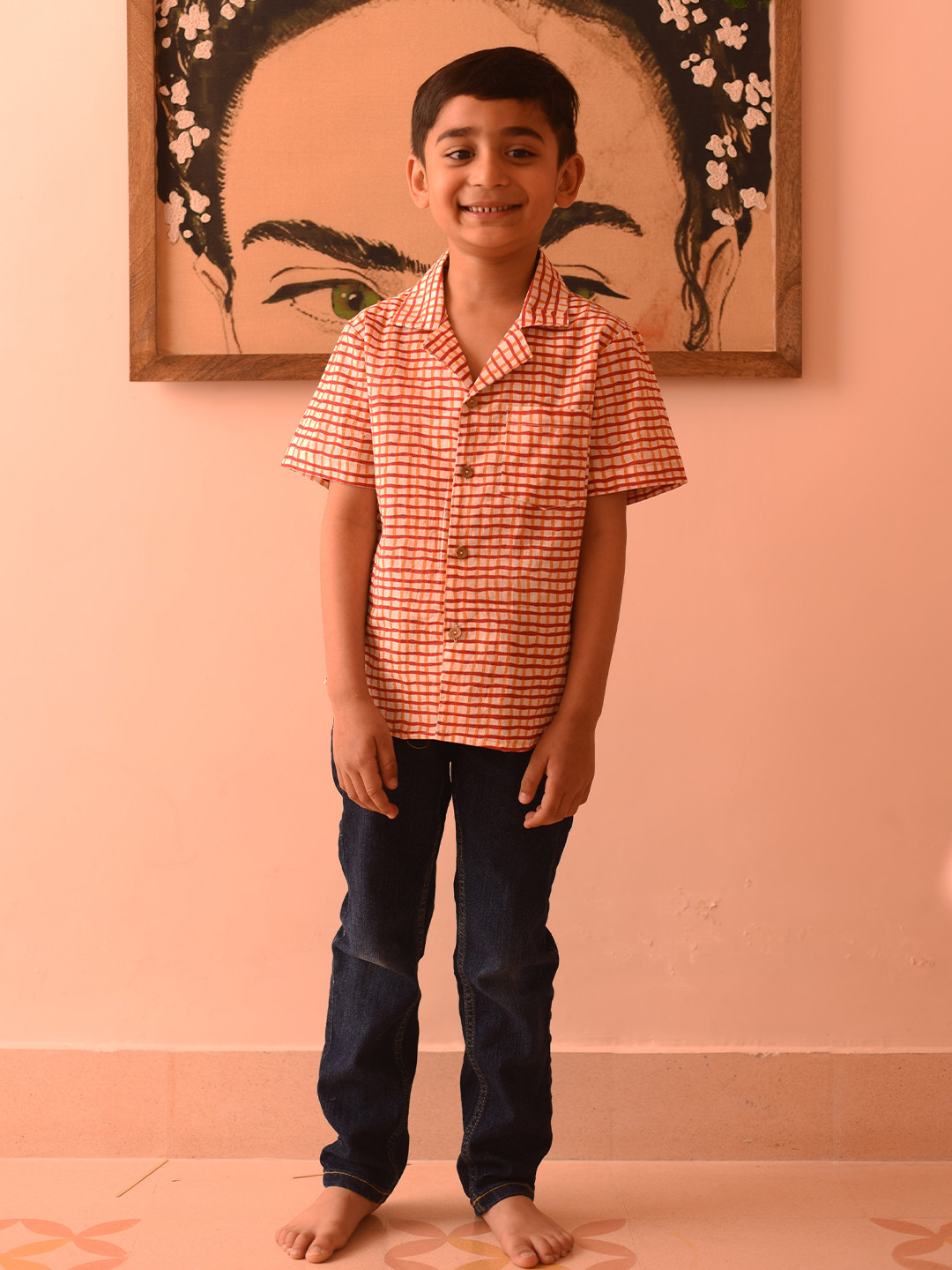 PlumCheeks Boys Relaxed Cuban Collar Checked Printed Casual Shirt