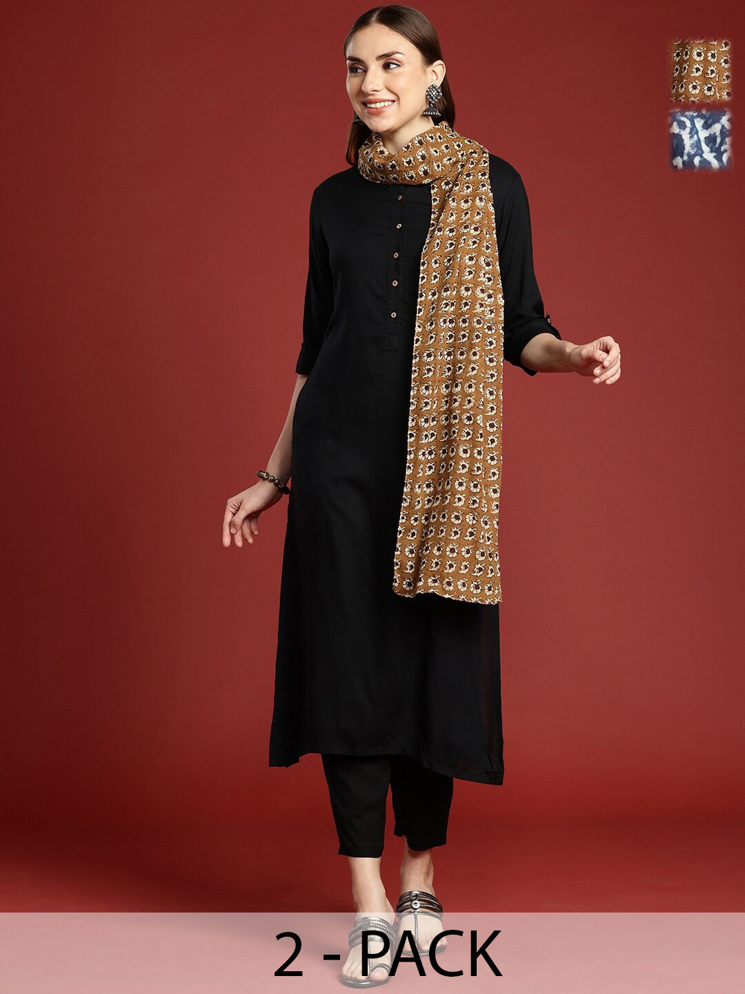 Anouk Pack Of 2 Brown & Blue Floral Printed Cotton Scarves