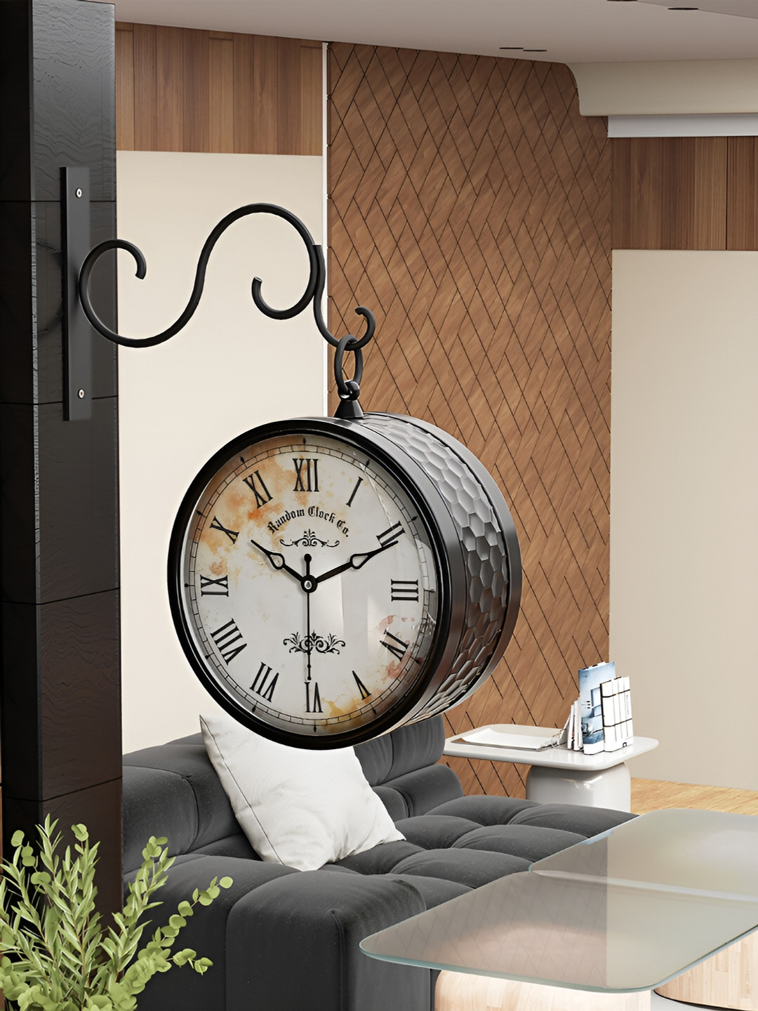 RANDOM Black Metal Double Sided 2 Pcs Round Battery Analogue Wall Clock-20.3cm