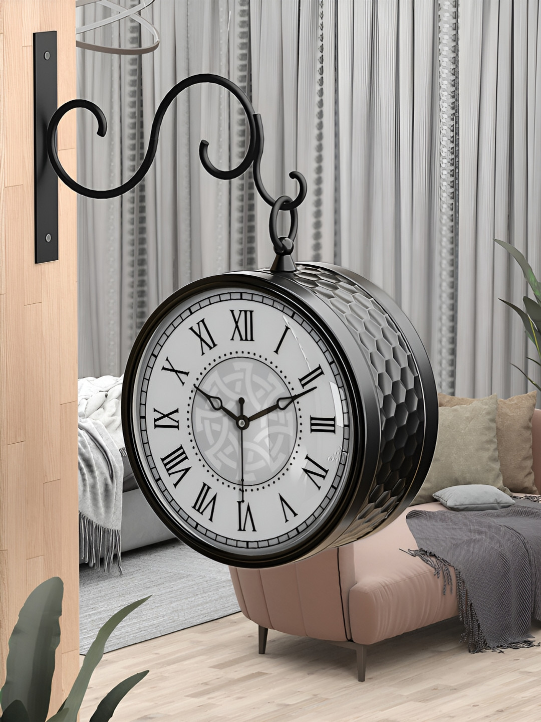 RANDOM Vintage Black Metal Double Sided 2 Pcs Round Battery Analogue Wall Clock-20.3cm