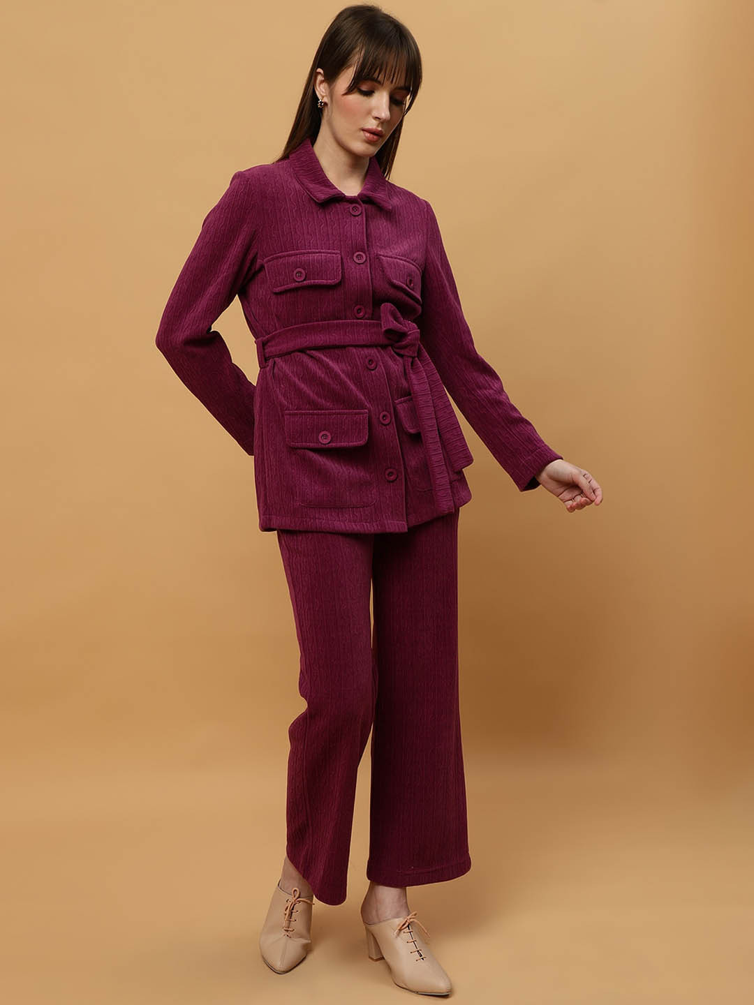 Beatnik Shirt Collar Belted Top With Trousers Co-Ords