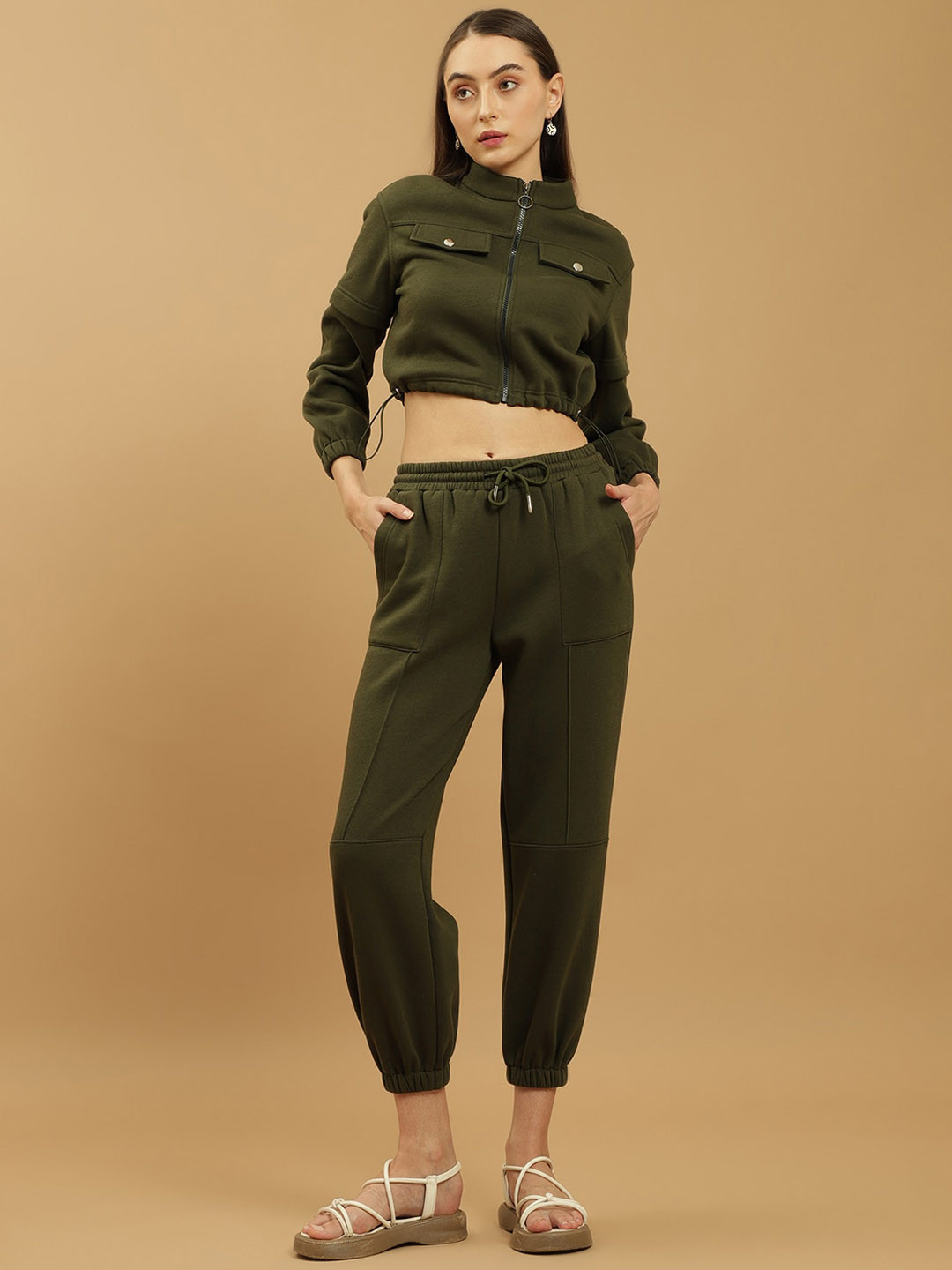 Beatnik Mock Collar High Neck Crop Top With Jogger