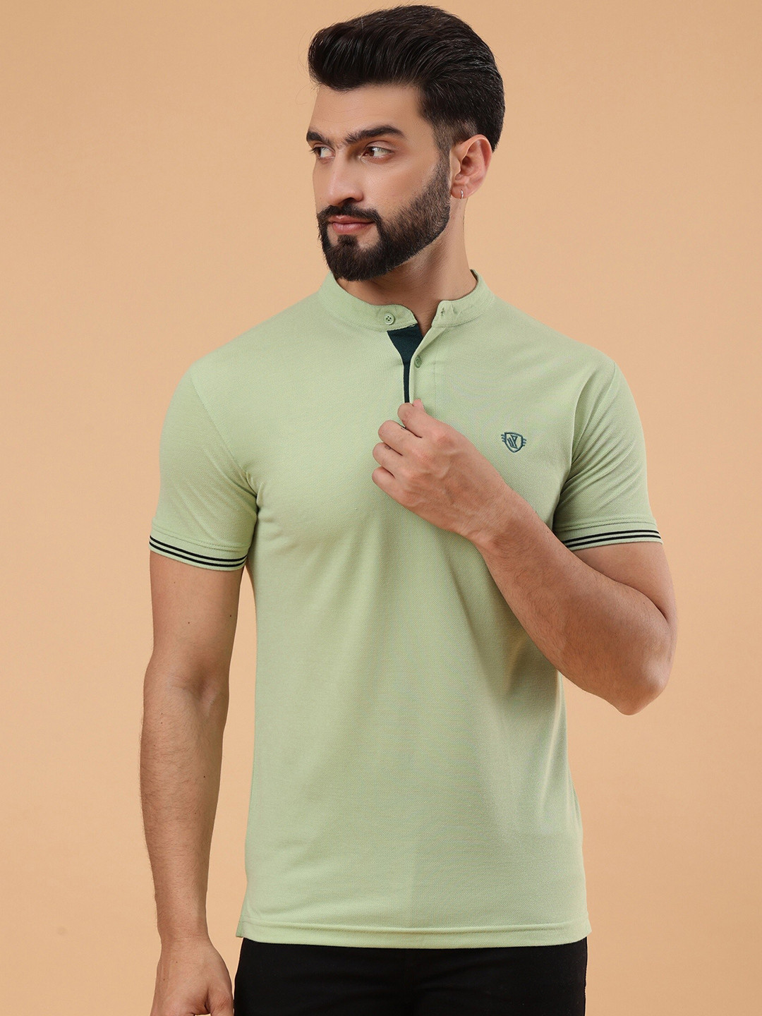 WE PERFECT Green Solid Short Sleeves Band Collar Regular Fit T-shirt