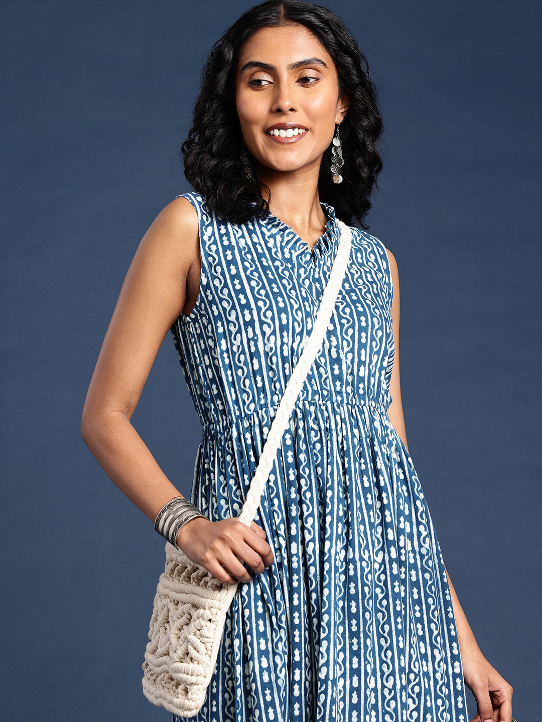 Taavi Indigo Hand Block Print Ruffled Midi Sustainable Pure Cotton A-Line Dress