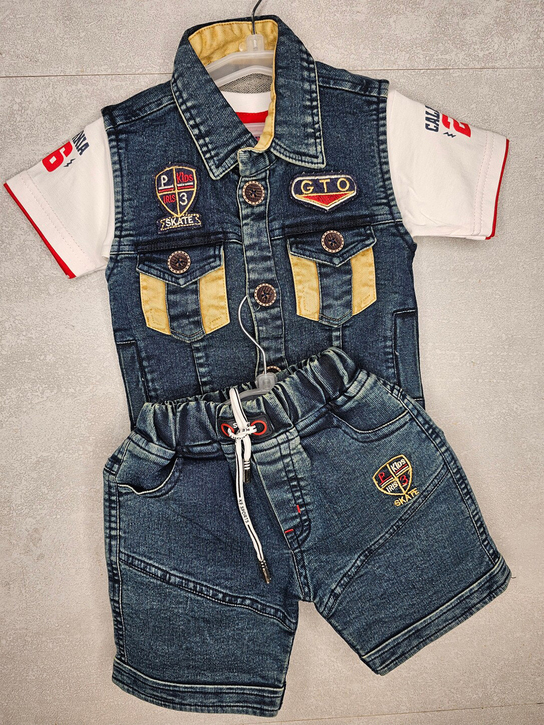 BAESD Boys Self Design Denim T-shirt and Shirt with Shorts