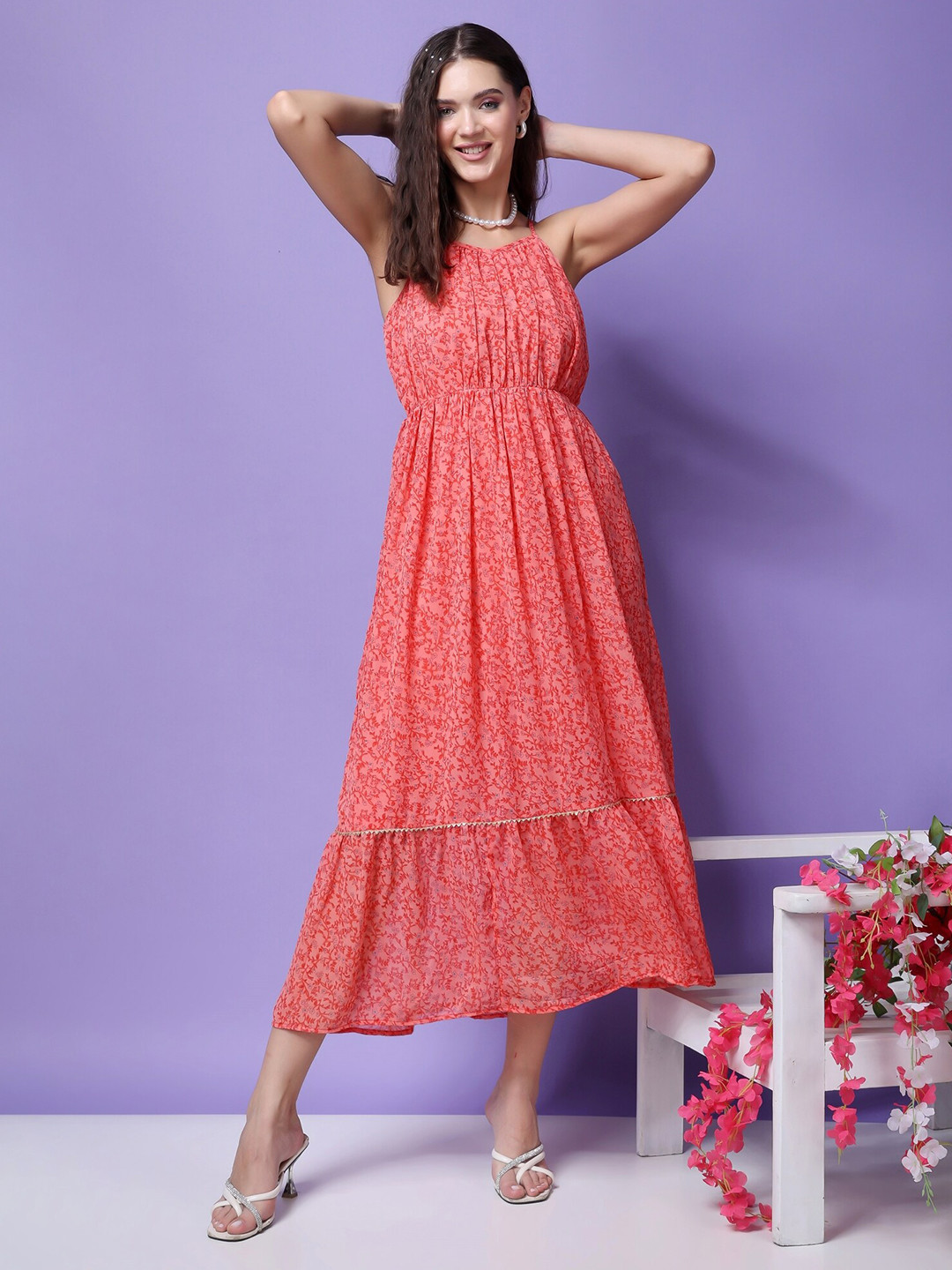 Popwings Floral Printed Georgette A-Line Midi Dress
