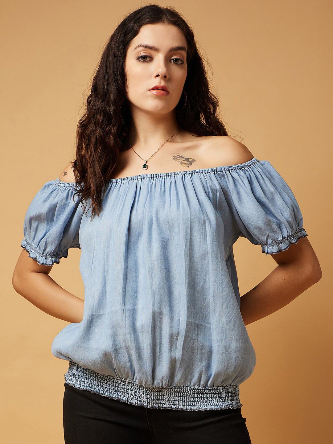 DRAPE AND DAZZLE Off-Shoulder Puff Sleeve Cotton Denim Blouson Top