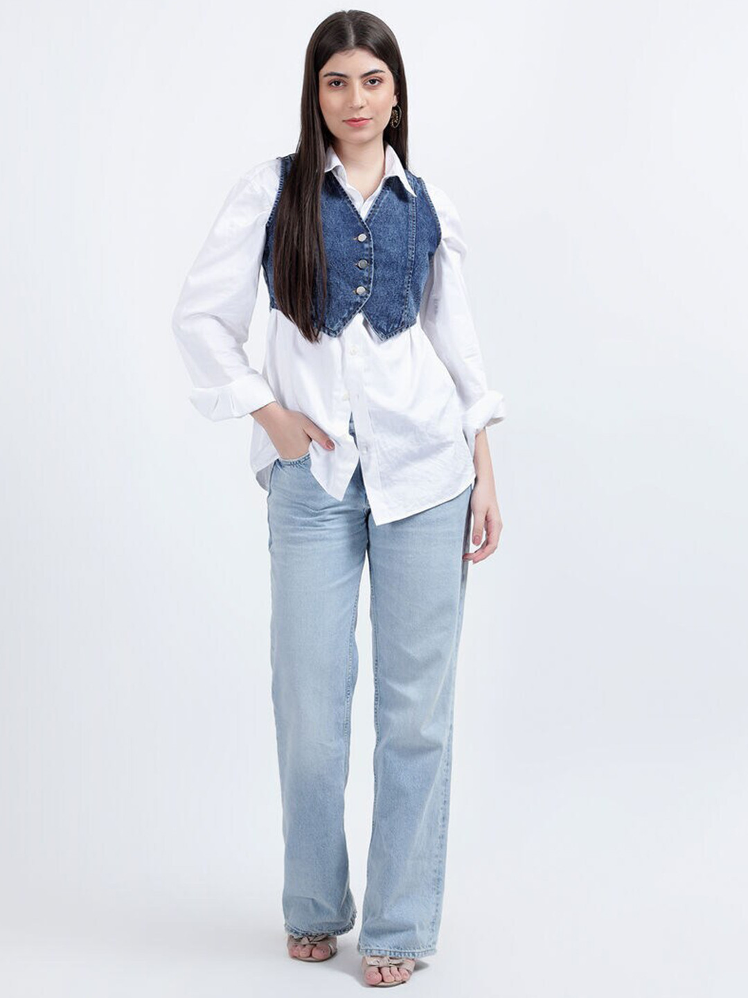 DRAPE AND DAZZLE Cotton Denim Shirt Style Top