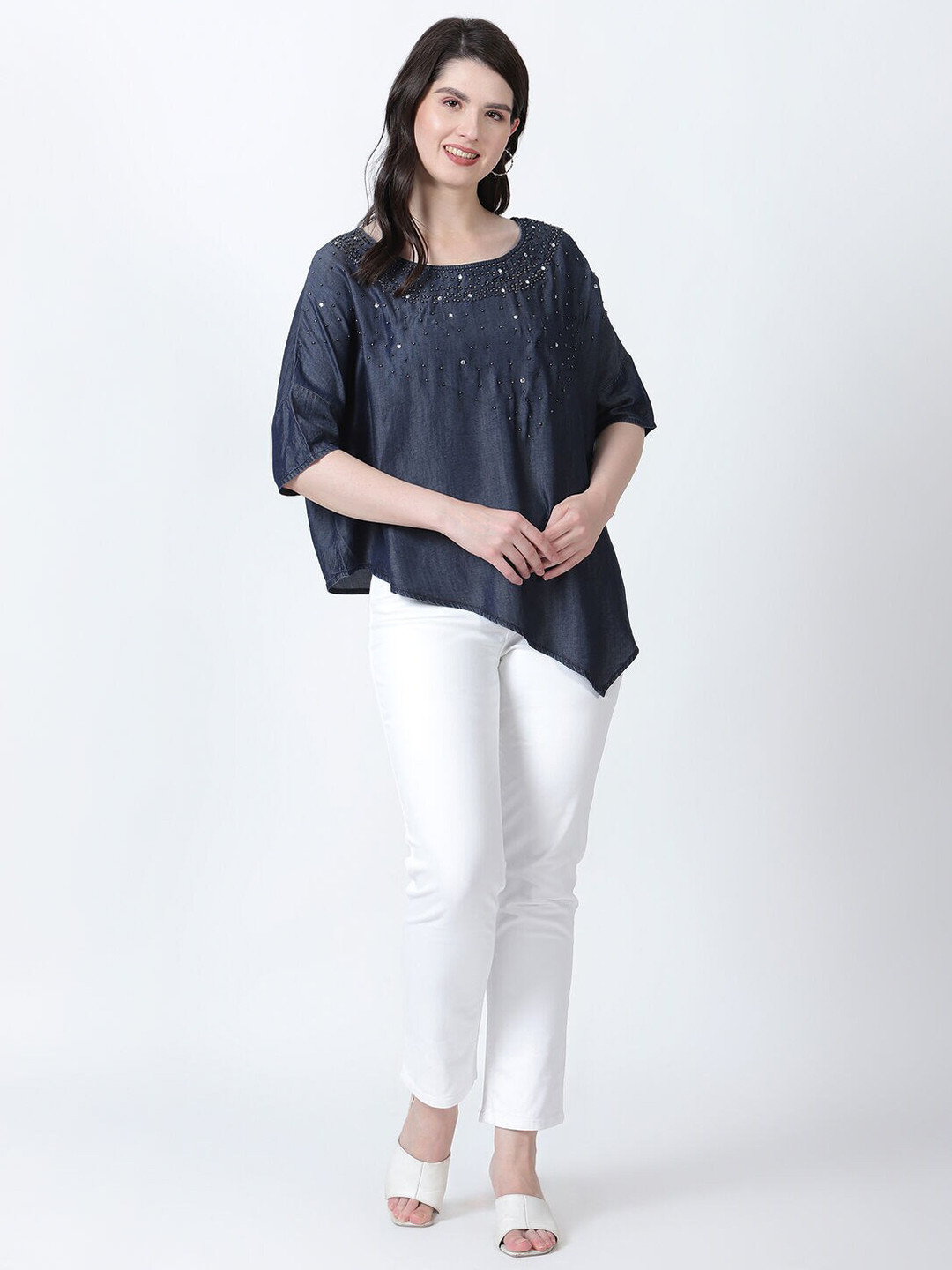 DRAPE AND DAZZLE Round Neck Embellished Cotton Denim Top