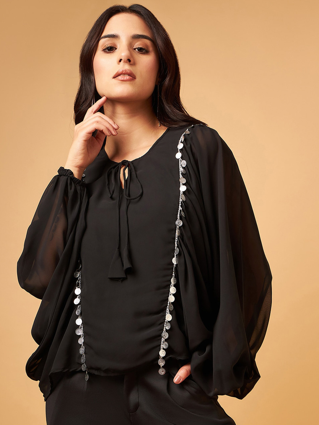 DRAPE AND DAZZLE Tie-Up Neck Chiffon Top
