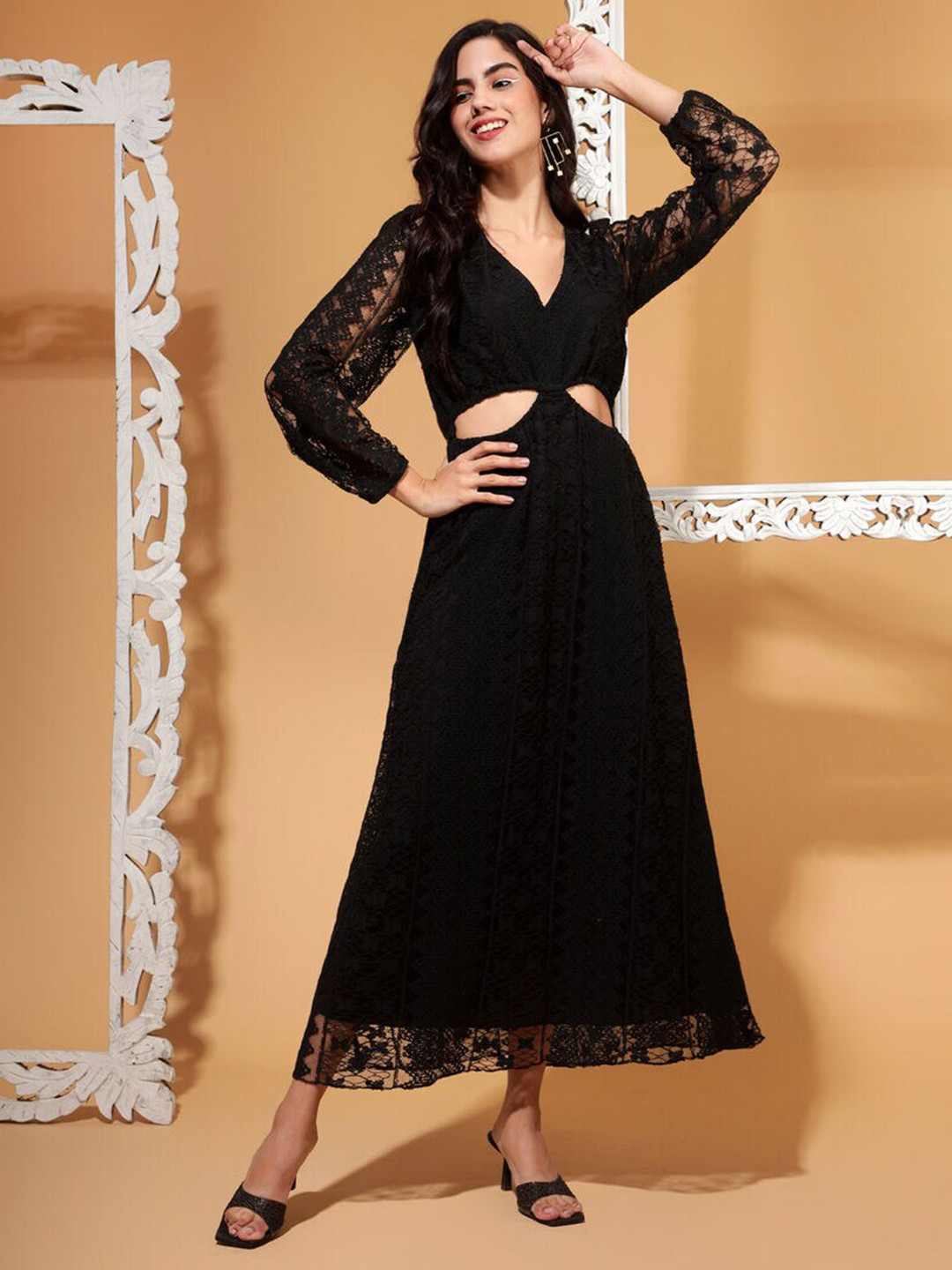 DRAPE AND DAZZLE Self Design V-Neck Flared Cotton Maxi Dress