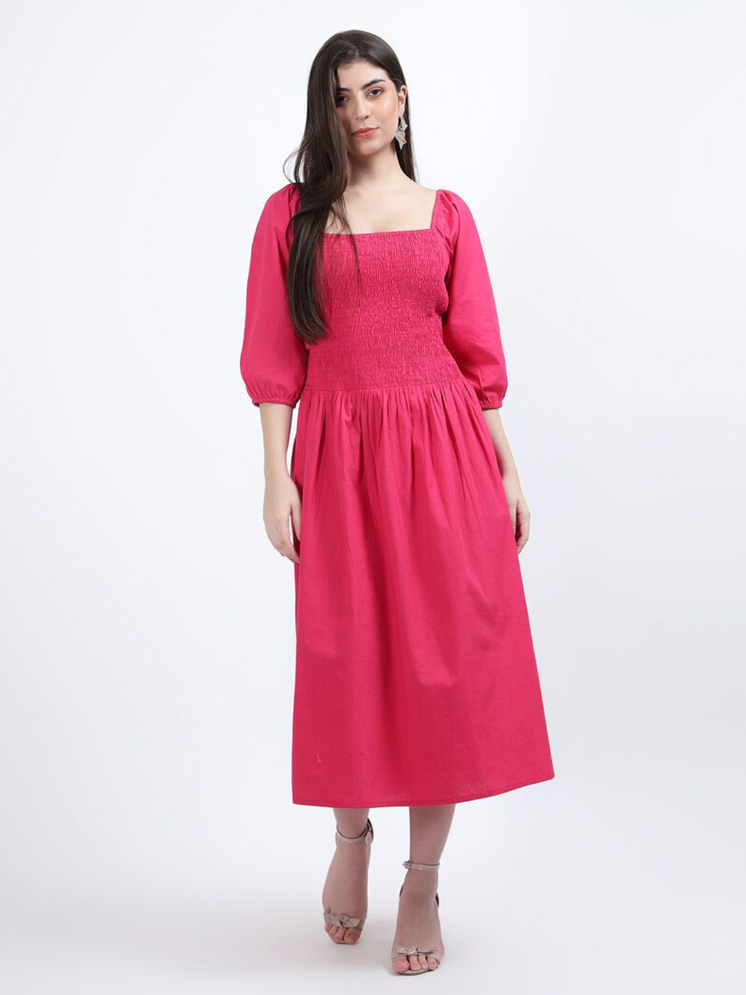 DRAPE AND DAZZLE Square Neck Puff Sleeve Smocked Fit & Flare Midi Dress