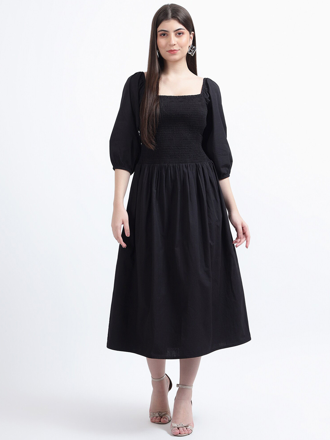 DRAPE AND DAZZLE Square Neck Puff Sleeve Flared Cotton Fit & Flare Midi Dress