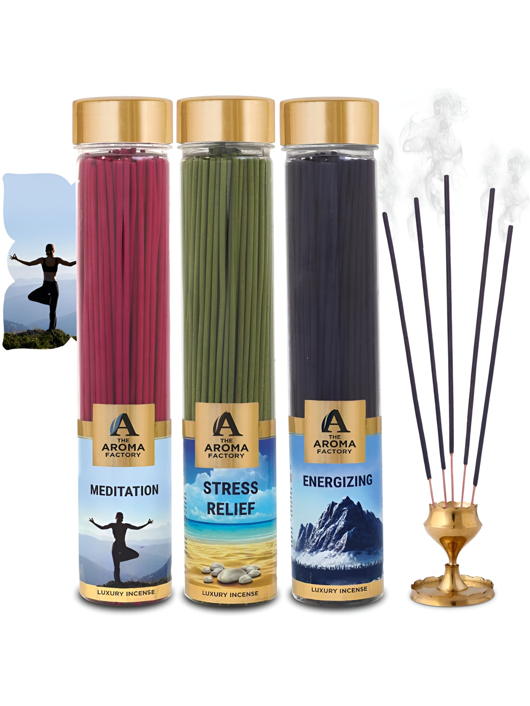 The Aroma Factory 3 Pieces Green Meditation, Stress Relief & Energizing Incense Agarbattis