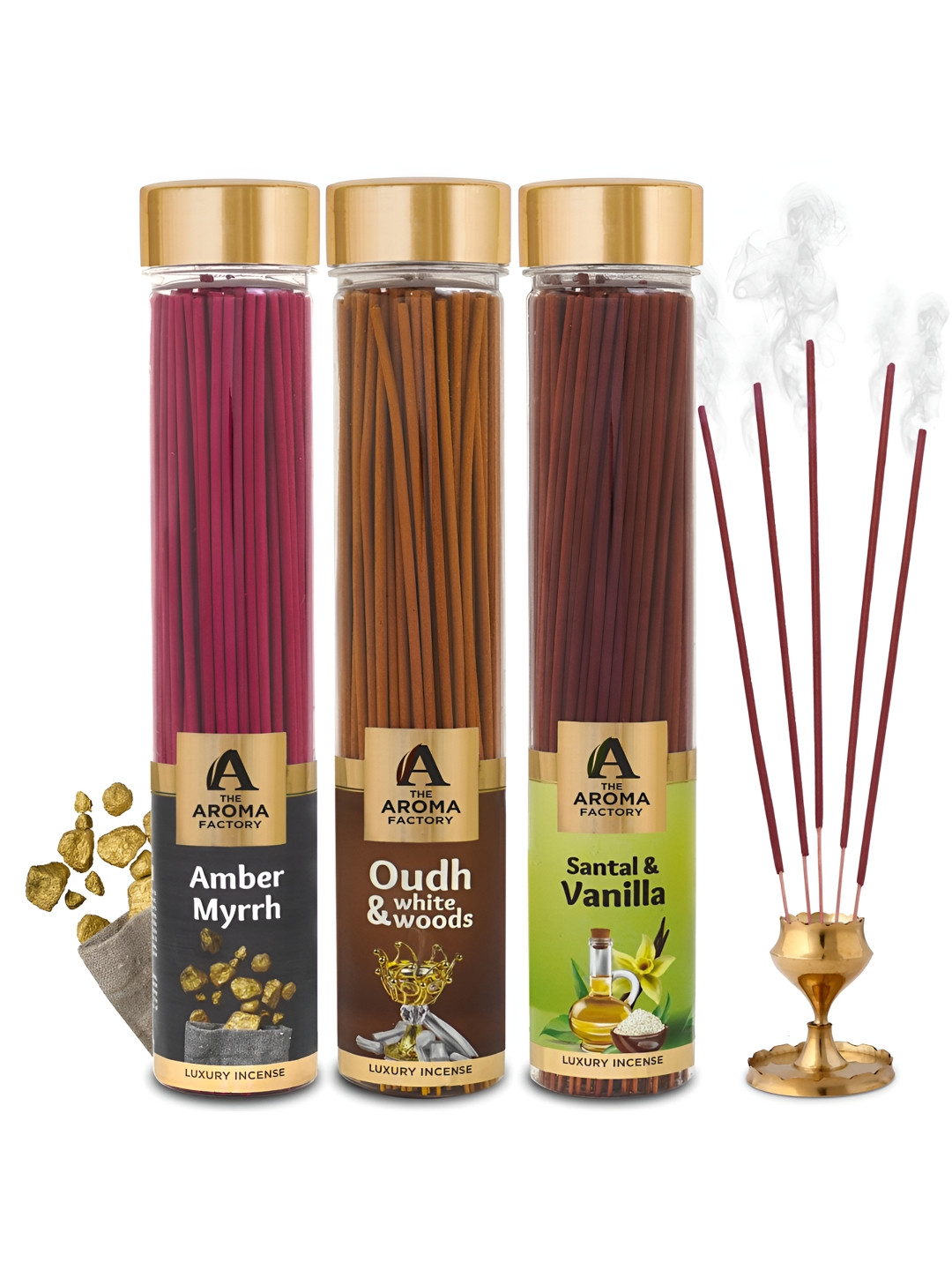 The Aroma Factory 3 Pieces Pink Amber Myrrh, Oudh & White Wood & Santal Incense Agarbattis