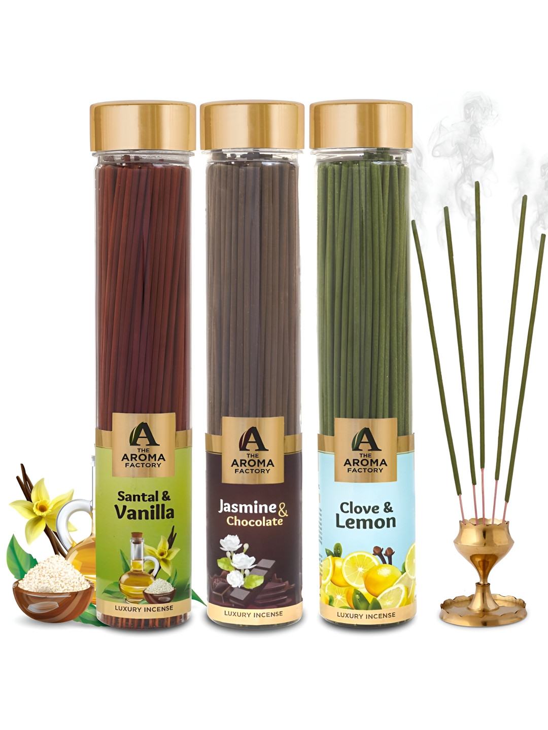 The Aroma Factory 3 Pieces Santal& Vanilla, Jasmine & Chocolate & Clove Incense Agarbattis