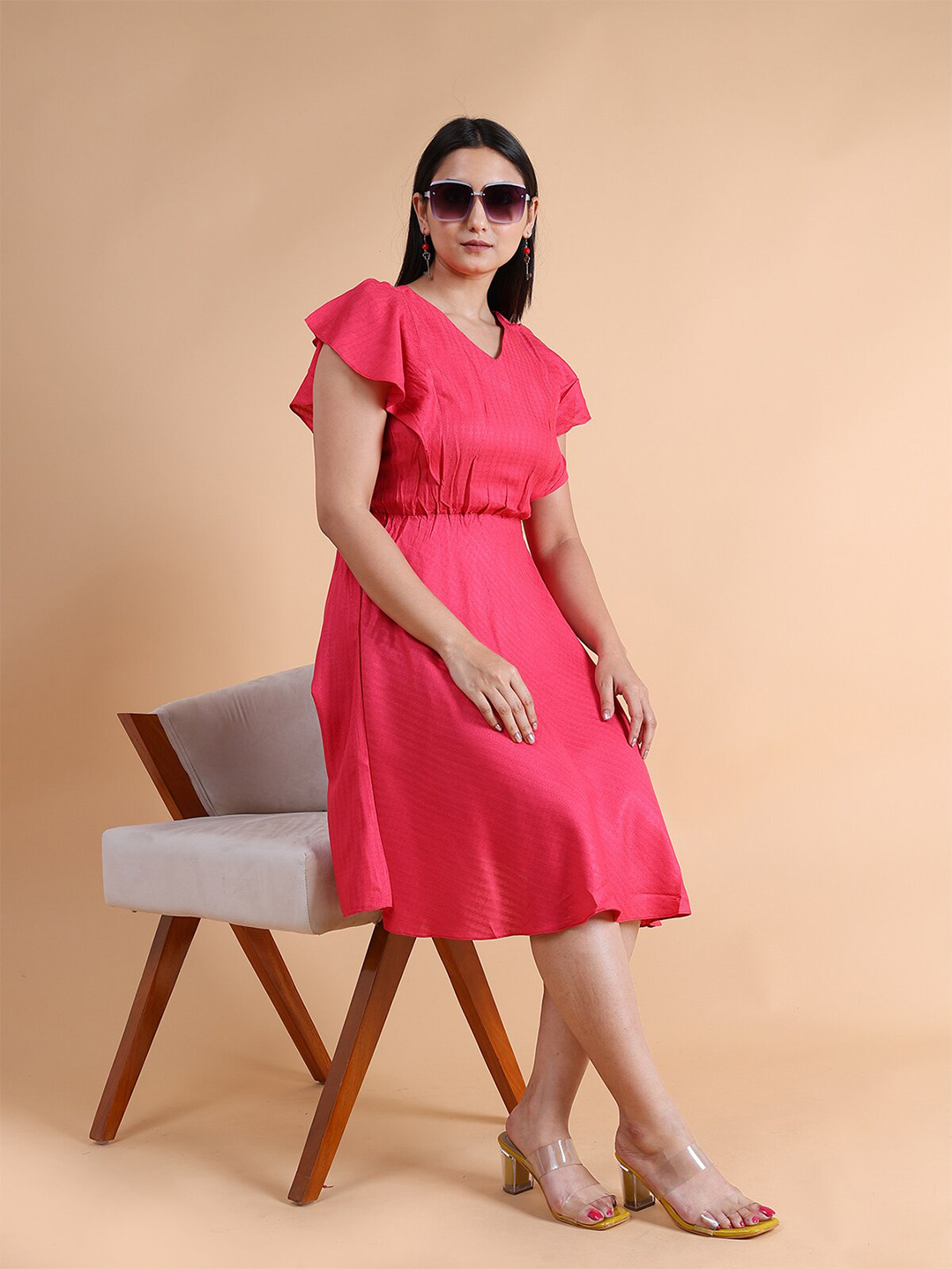 GRANTH FASHION Flutter Sleeves Jacquard Fit & Flare Dress