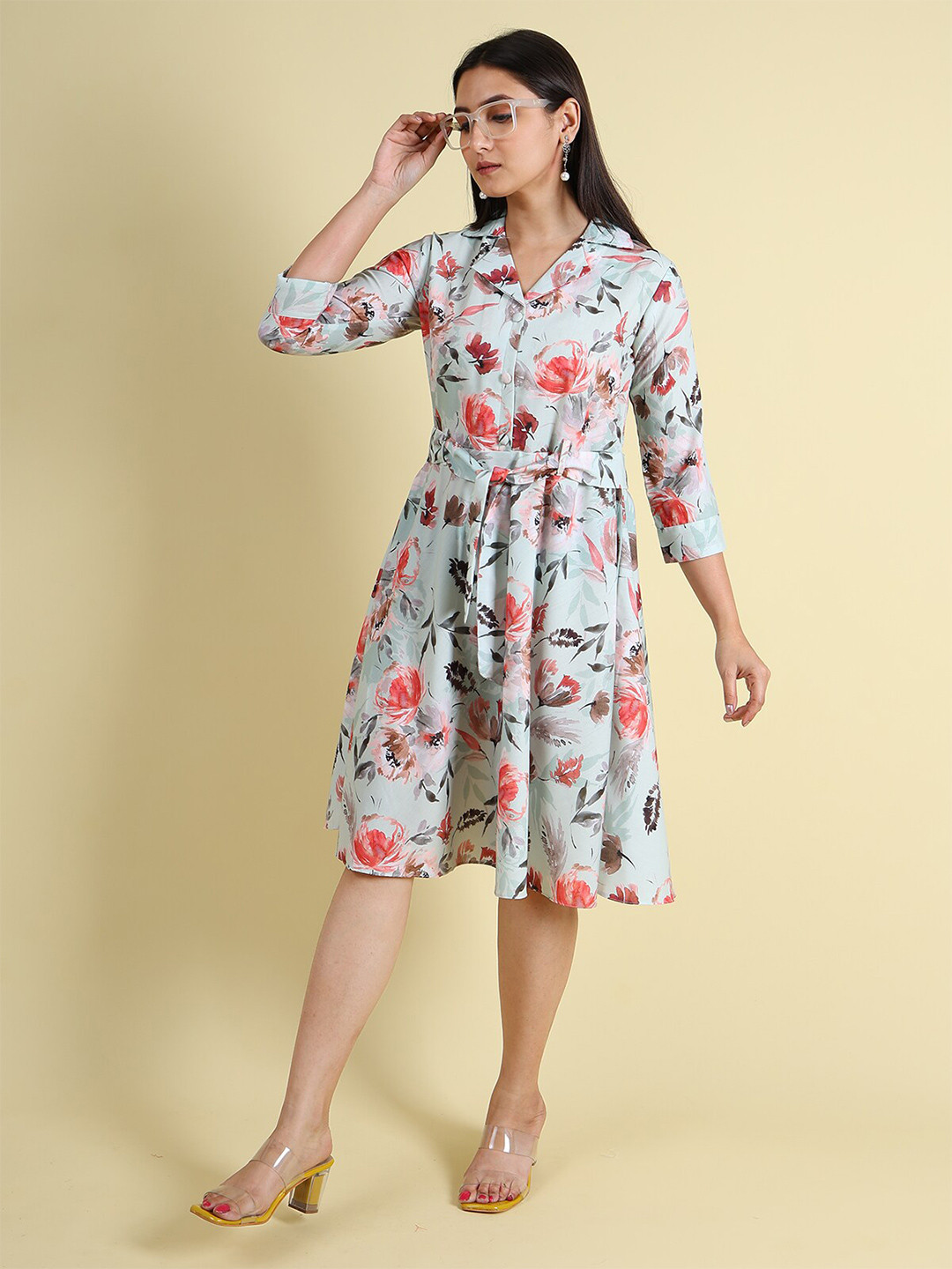 GRANTH FASHION Floral Printed Linen Fit & Flare Dress