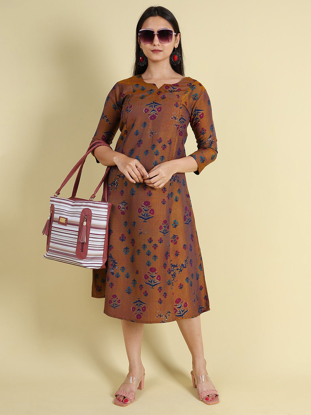 GRANTH FASHION Floral Printed Jacquard A-Line Silk Midi Dress