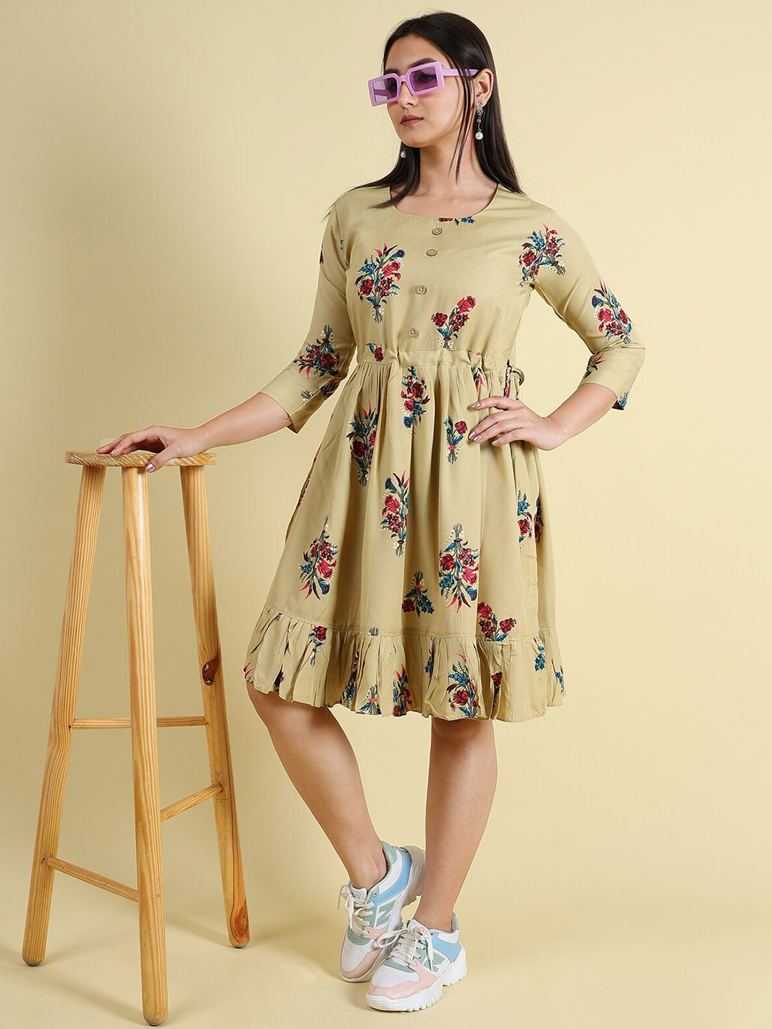GRANTH FASHION Floral Printed Silk A-Line Dress