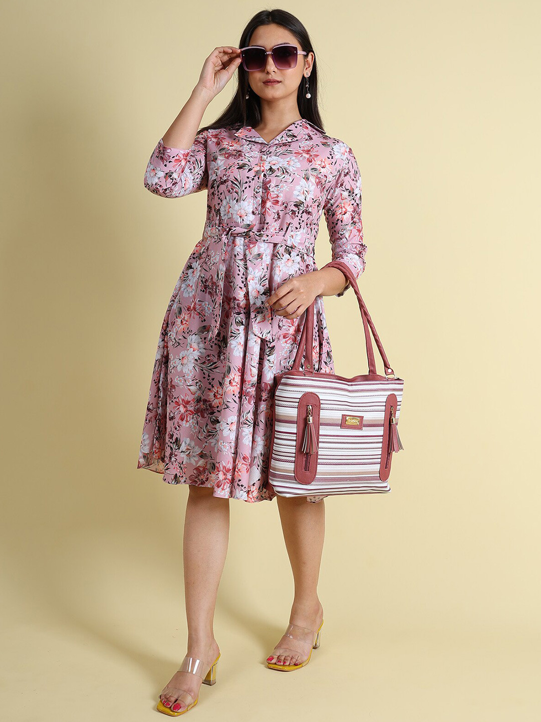 GRANTH FASHION Floral Printed Linen Jacquard Shirt Dress