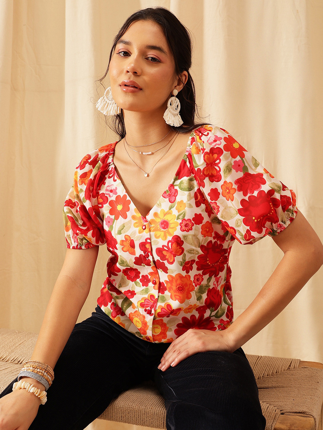 QUIERO White & Red Floral Printed Puff Sleeve Georgette Top