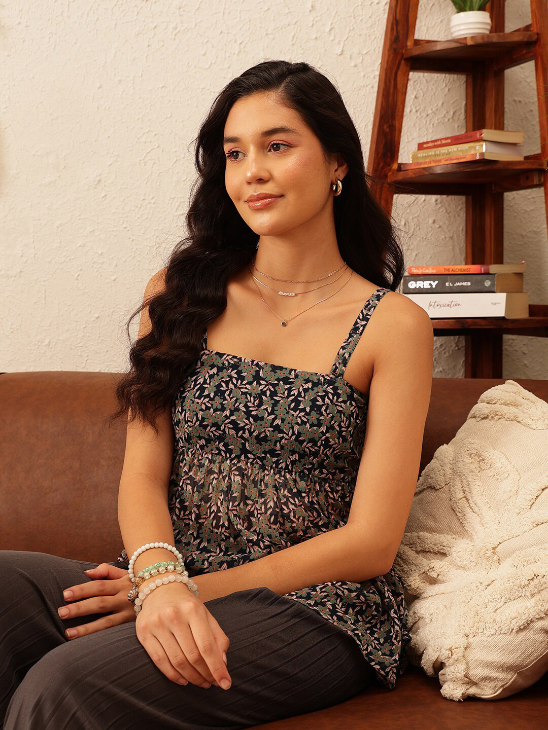 QUIERO Navy Blue Floral Printed Shoulder Straps Sleeveless Empire Top