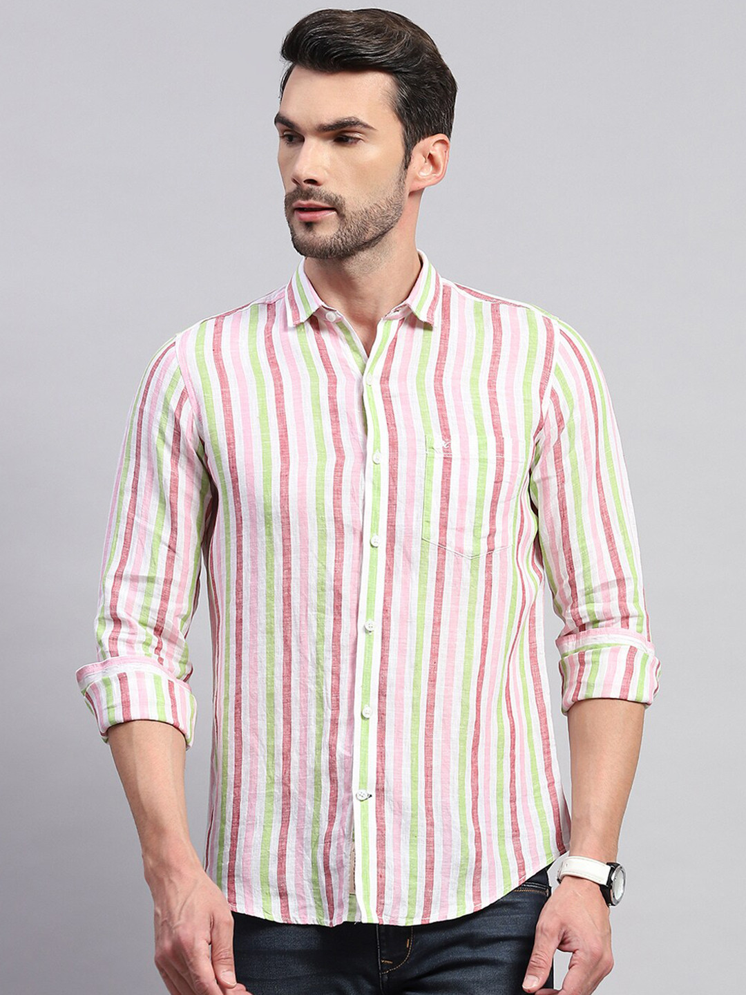 Monte Carlo Comfort Spread Collar Opaque Striped Casual Shirt