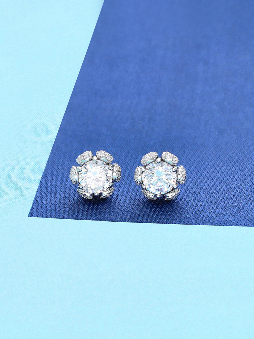 KAI JEWEL Rhodium Plated Cubic Zirconia Sterling Silver Studs Earrings