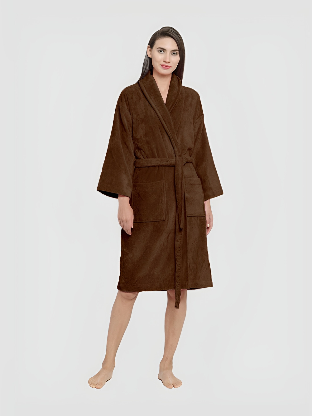 MYTRIDENT Classic, Willow Wood Brown Solid Cotton Drawstring Knee Length Bath Robe-M