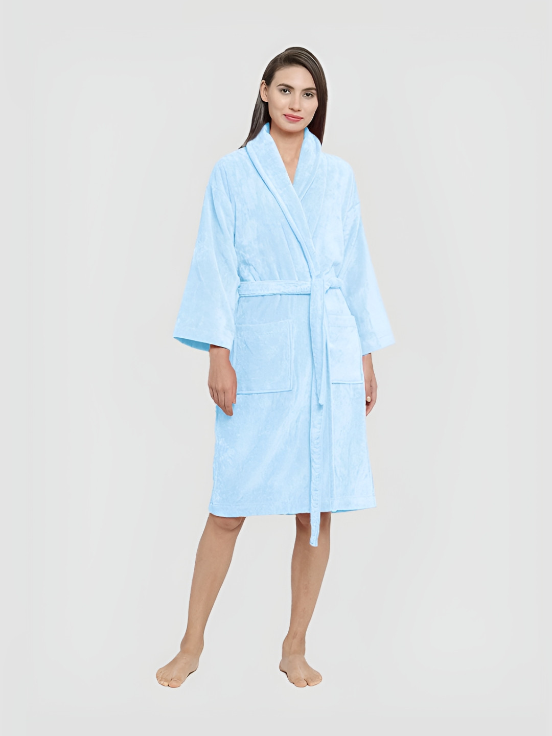 MYTRIDENT Classic Blue Solid Cotton Drawstring Knee Length Bath Robe-L