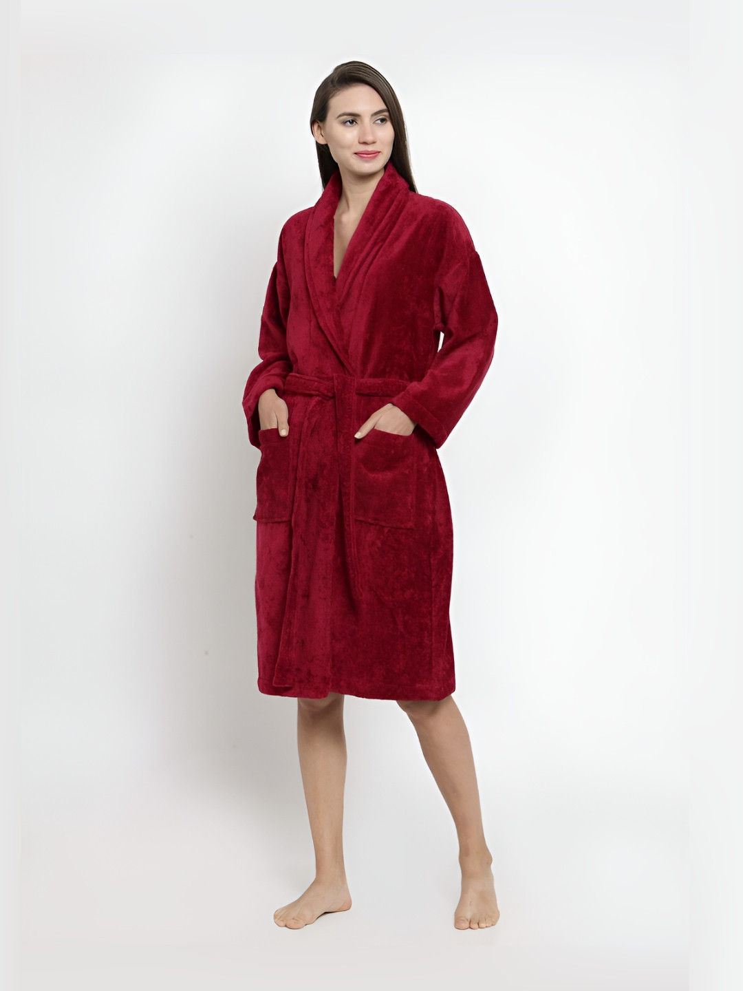 MYTRIDENT Classic Red Solid Cotton Drawstring Knee Length Bath Robe-M