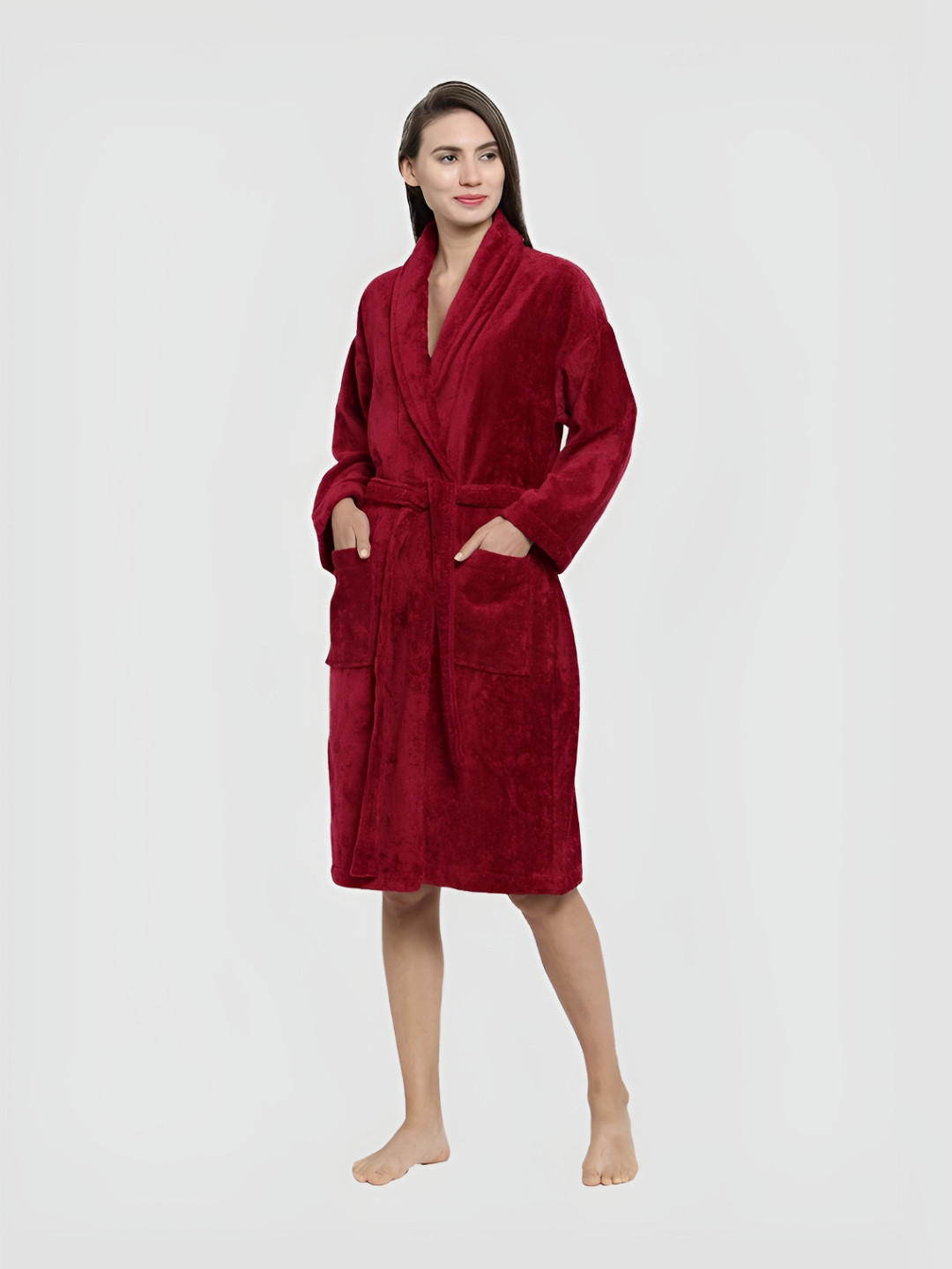 MYTRIDENT Classic Red Solid Cotton Drawstring Knee Length Bath Robe-L