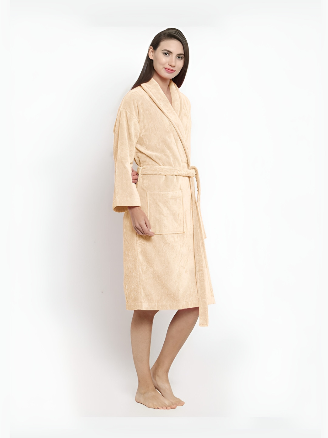 MYTRIDENT Classic, Bleached Sand Brown Cotton Drawstring Knee Length Bath Robe-M