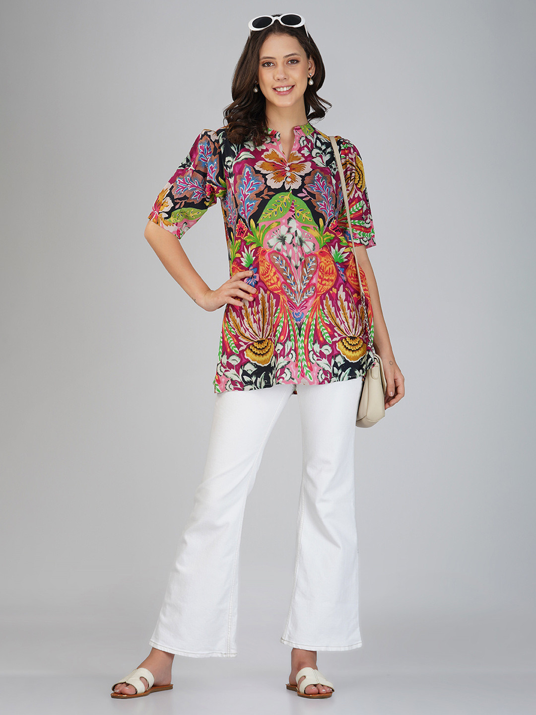 INDIAN KNOTS Botanical Printed Mandarin Collar Pure Cotton Straight Kurti