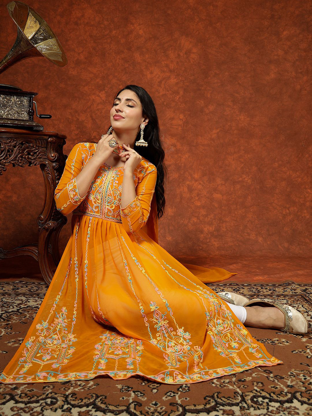 Sangria Ethnic Motifs Embroidered Georgette A-Line Chikankari Kurta With Dupatta