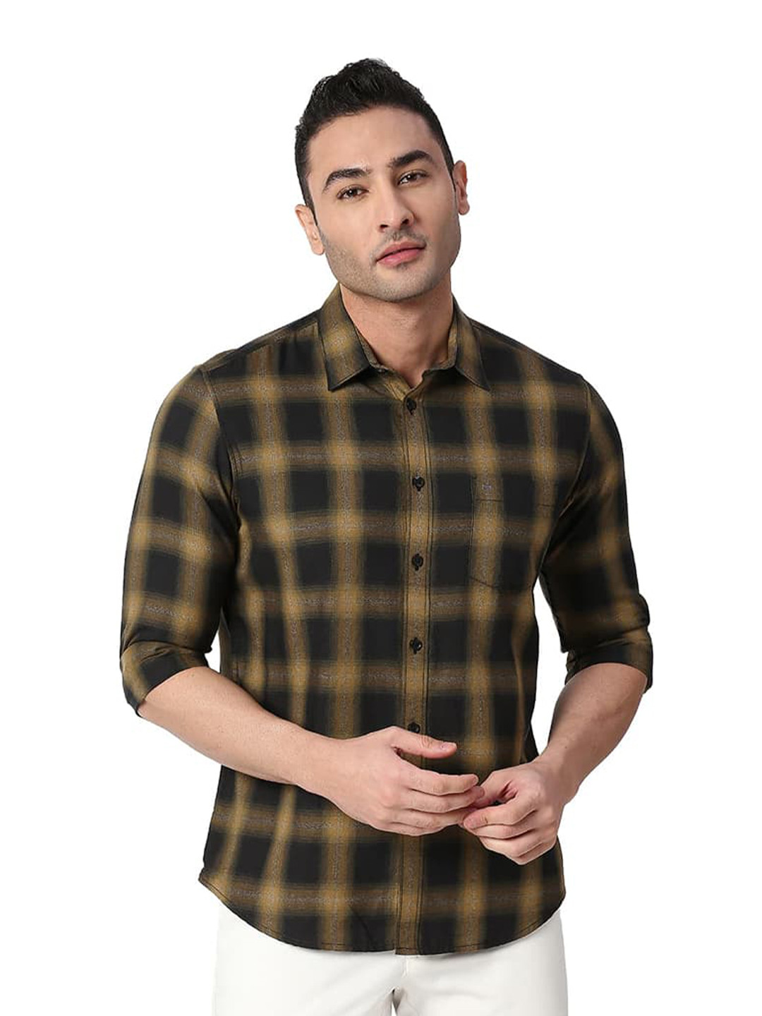 Basics Slim Fit Grindle Checks Spread Collar Full Sleeves Cotton Shirt