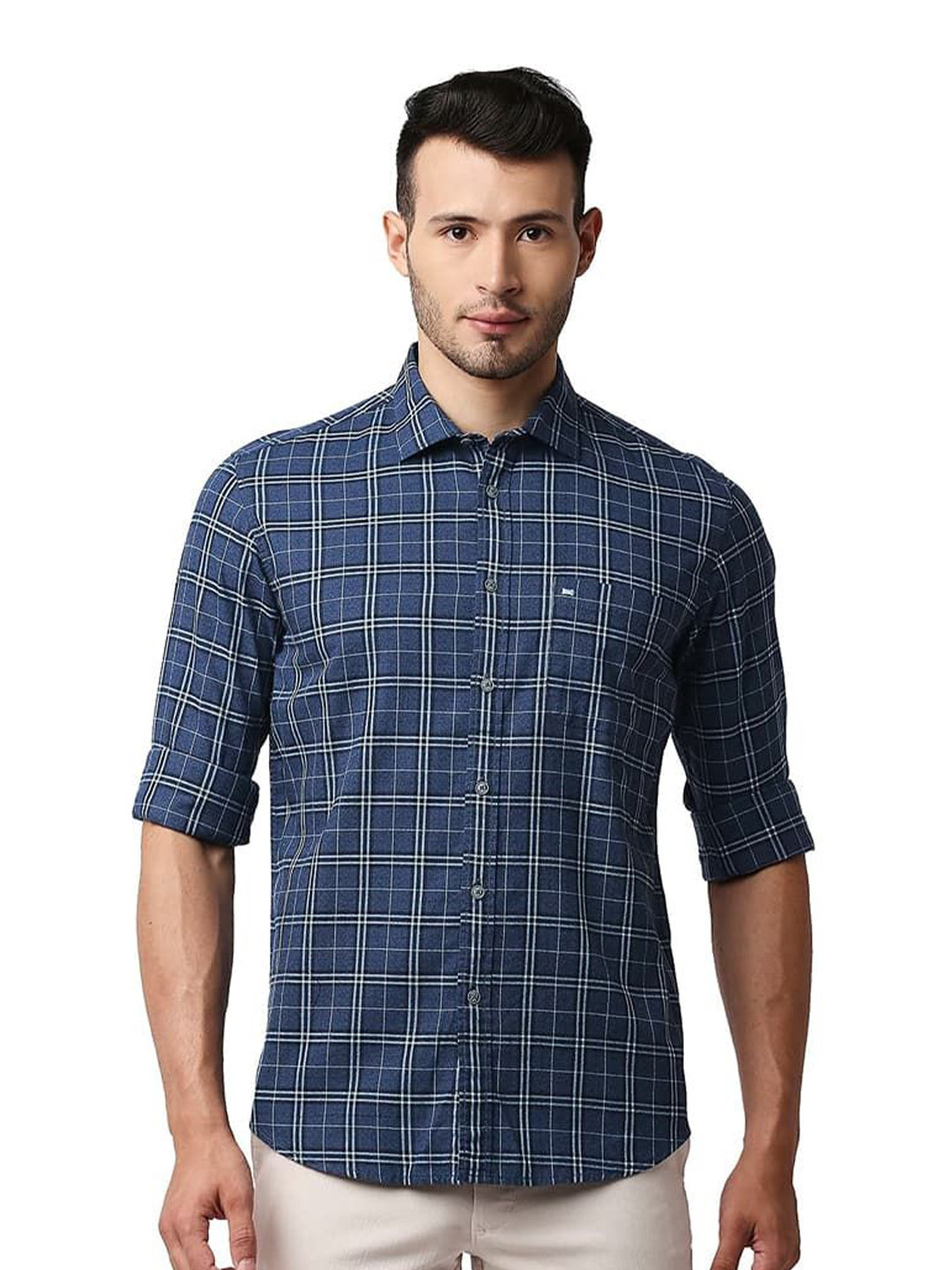 Basics Slim Fit Windowpane Checked Cutaway Collar Long Sleeves Cotton Casual Shirt