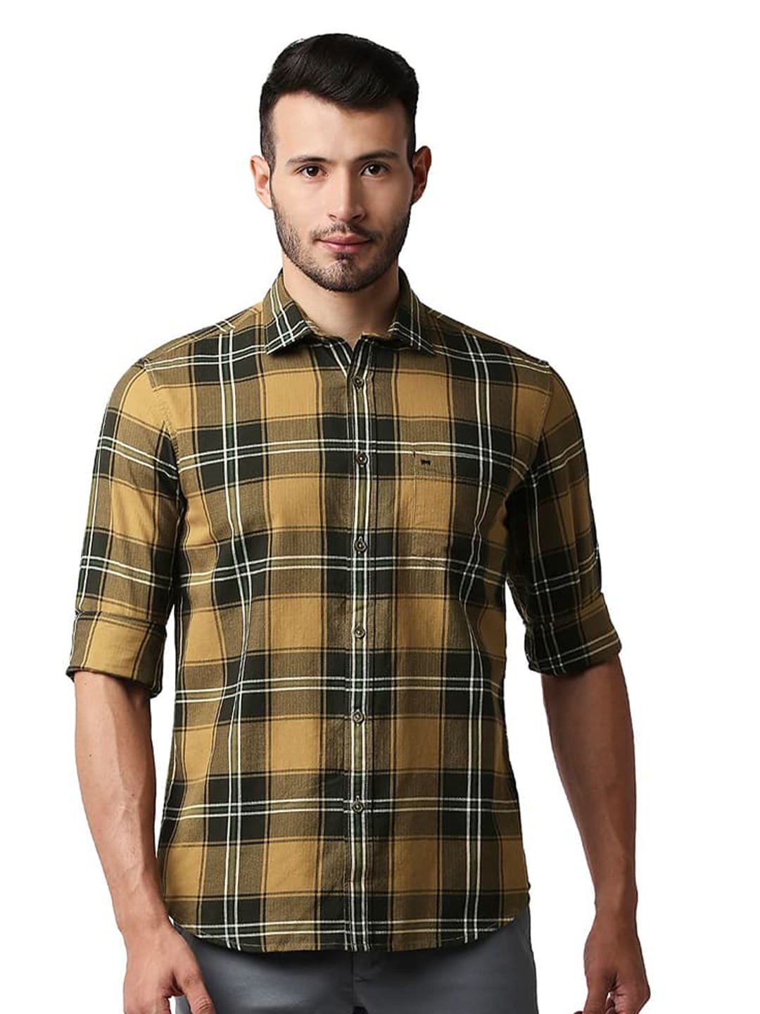 Basics Checked Spread Collar Curved Cotton Slim Fit Casual Shirt