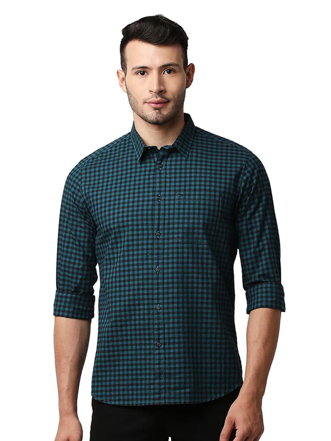 Basics Slim Fit Checked Spread Collar Cotton Casual Shirt