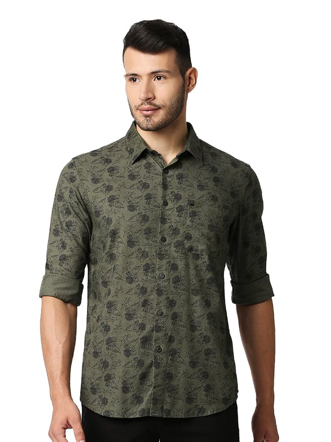 Basics Slim Fit Floral Printed Cotton Casual Shirt