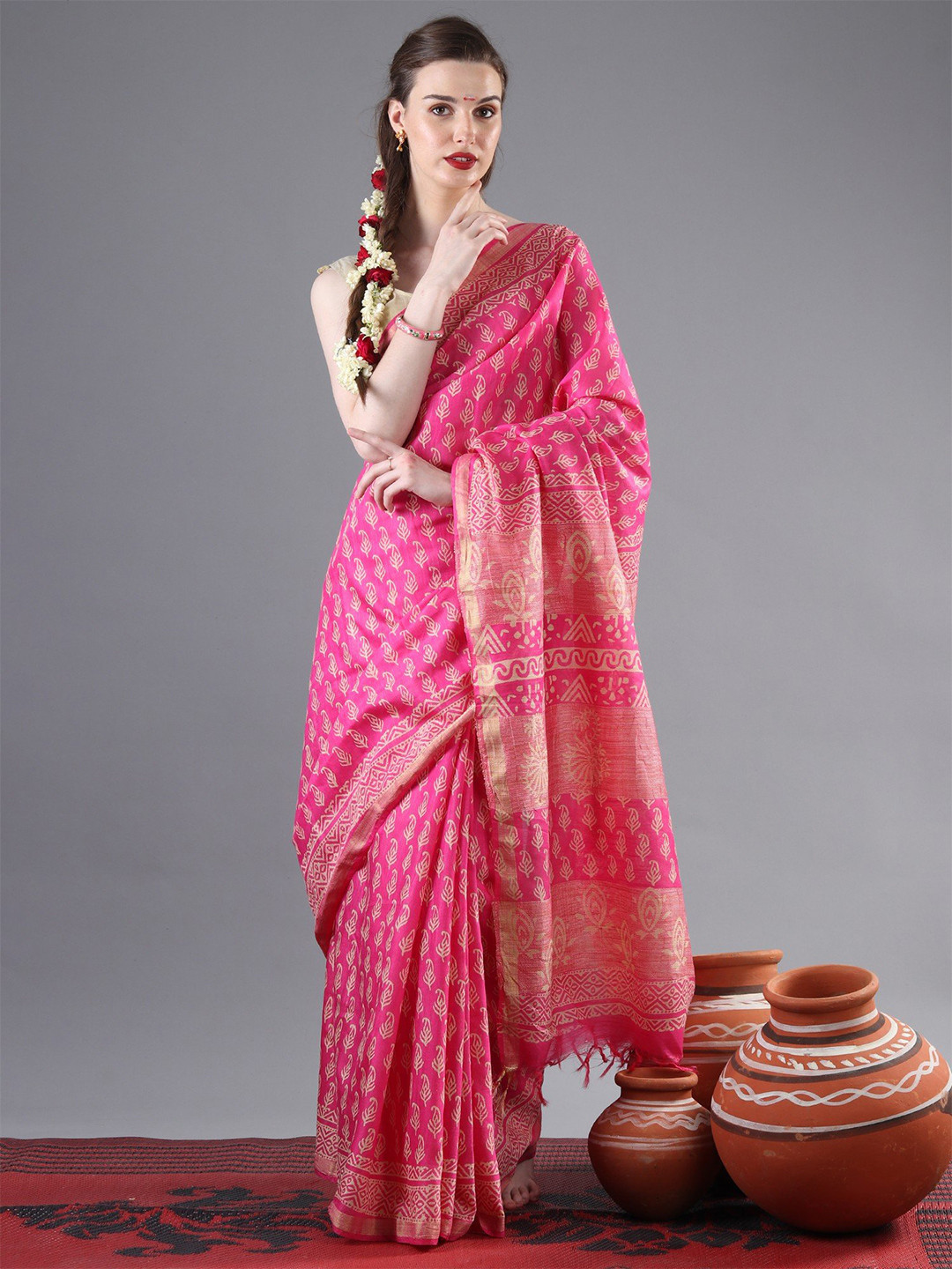 Exotic India Fuchsia Batik Cotton-Silk Saree with Peacock Feather Motifs